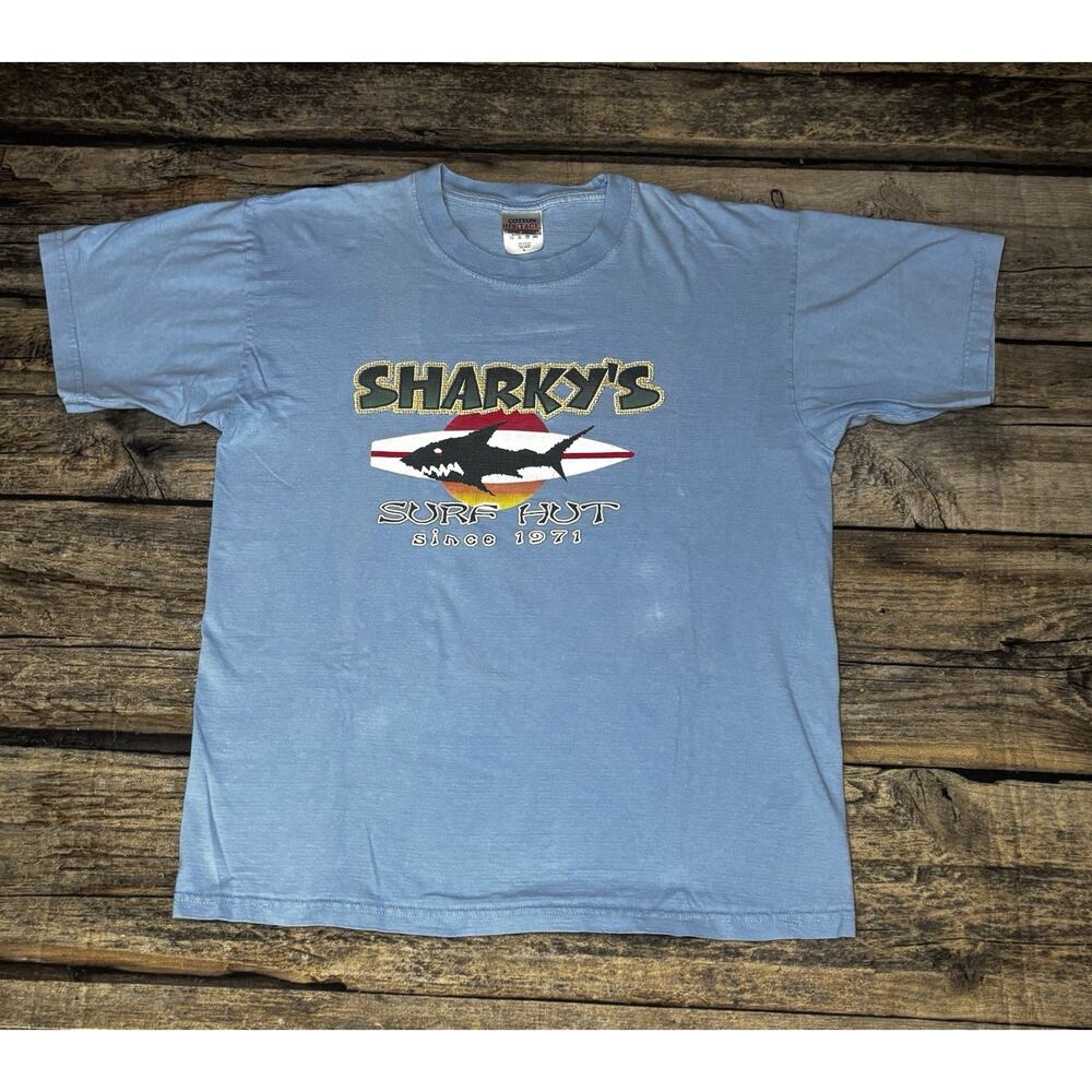 Sharky’s Surf Hut T Shirt Mens Size Large Y2K Cotton Heritage Blue Graphic Tee